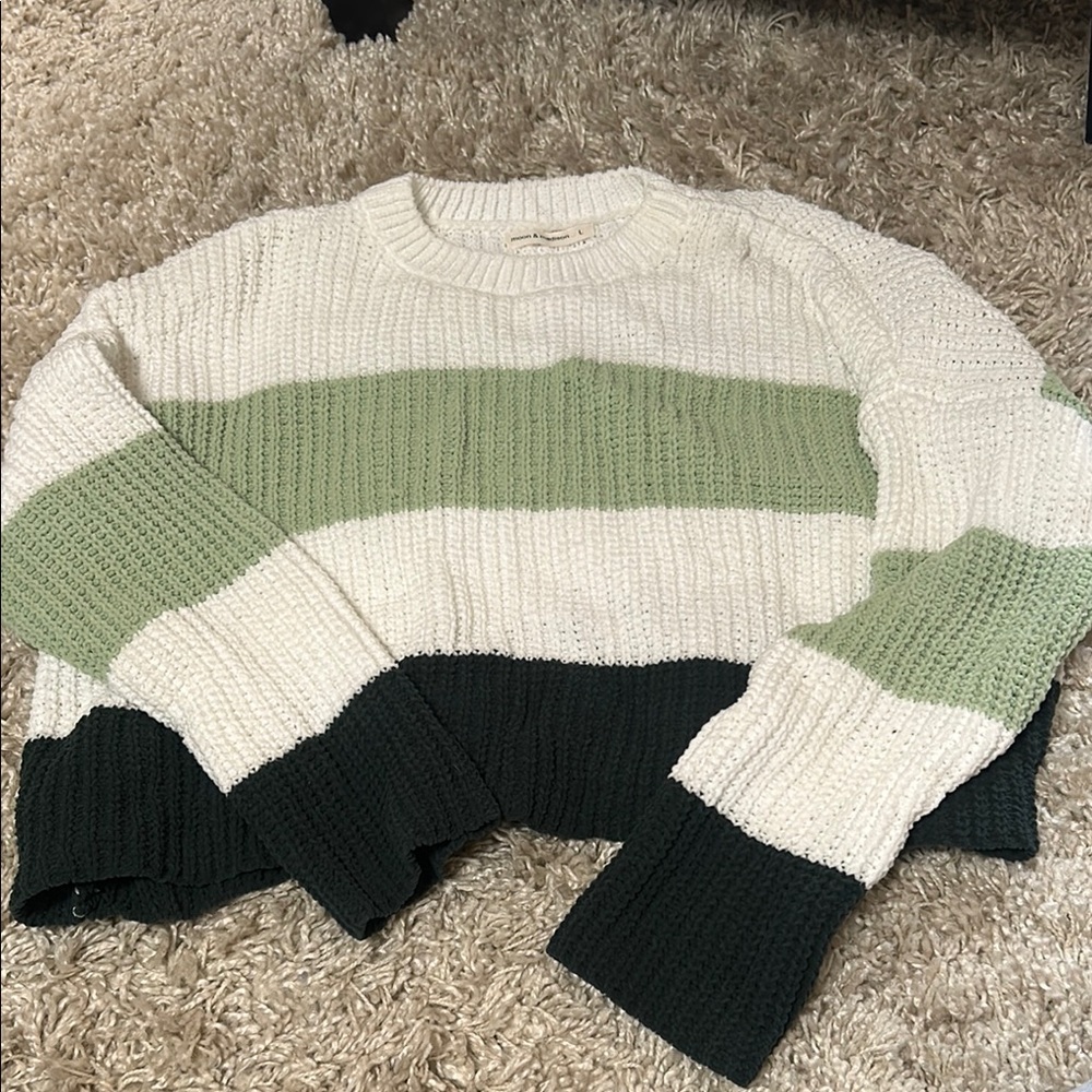 Moon & Madison Green and Cream Crew Neck Sweater